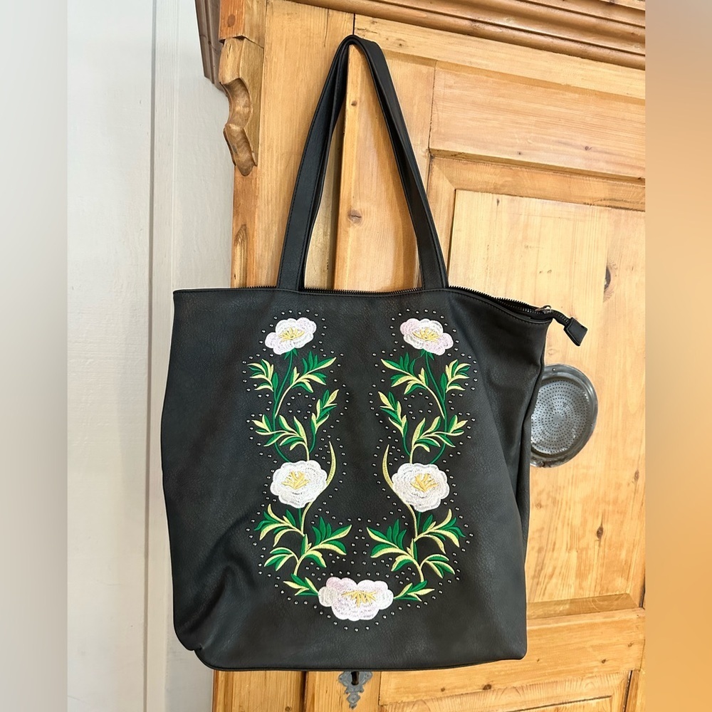 Floral Embroidered Black Shoulder Tote Bag Large